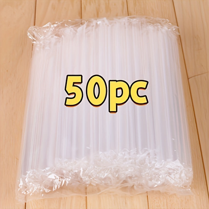 We offer a pack of 50 large transparent straws perfect for milk tea and versatile enough for parties, dinners, class parties, Christmas, and Halloween gatherings. These straws require no electricity and can also be used for holiday decorations without