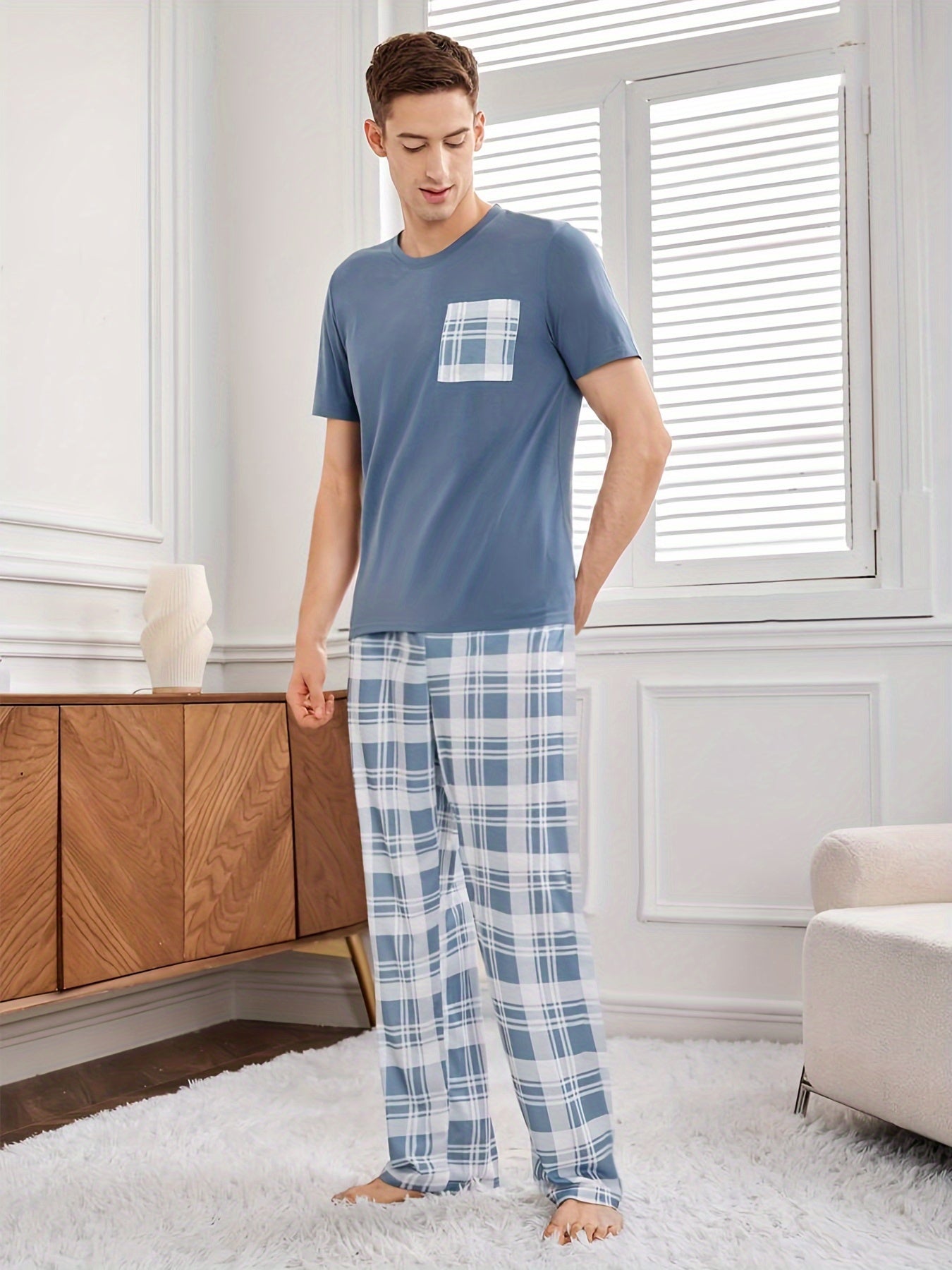 Men's Blue Short Sleeve Pajama Set with Pocket, Casual Round Neck, Stretch Knit, Plaid Pattern, All-Season, Home Wear, Polyester Fabric, Regular Fit, Pullover Shirt