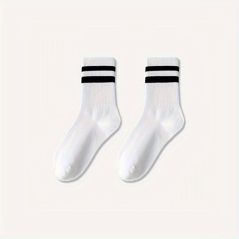 3 pairs of trendy men's striped crew socks, breathable and comfy for outdoor wear.