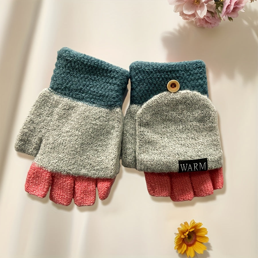 [Trendy Option] Convertible Knit Gloves for Women, Stylish Half-Finger Gloves with Flip Cover, Windproof and Cold Resistant, Made of Soft Cashmere in Solid Colors - Hand Washable, Ideal for Autumn and Winter, Flexible Fit