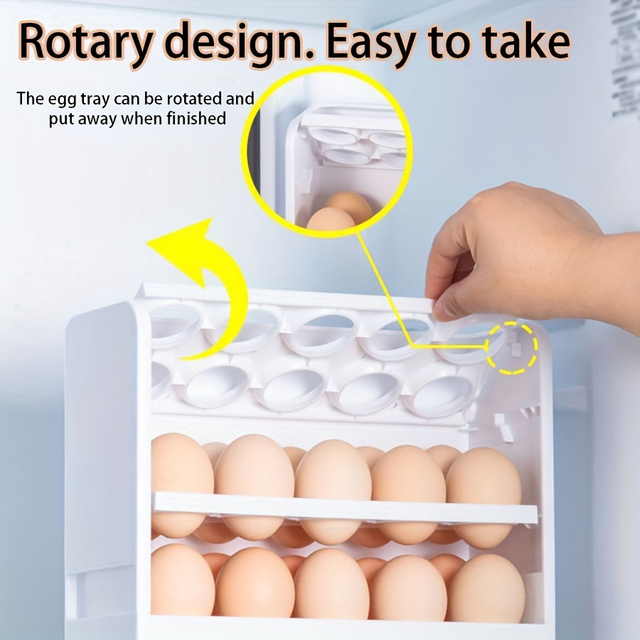 Large capacity plastic refrigerator egg holder with flip storage box for organizing and maintaining freshness of 30 eggs without batteries.