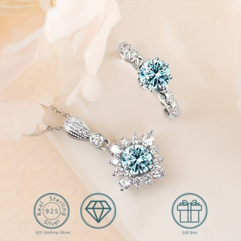 High quality jewelry set featuring a 2ct Moissanite necklace and 1ct Moissanite ring in 925 sterling silver. Perfect for engagement or wedding, comes with certificate and gift box.