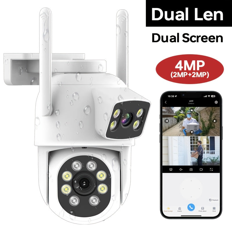 The ZHXINSD Dual Lens WiFi Security Camera offers 2MP+2MP resolution, full color night vision, auto tracking, IP65 waterproof rating, 2.4/5G PTZ capabilities, human detection, 2-way audio, and USB powered functionality for both home and outdoor