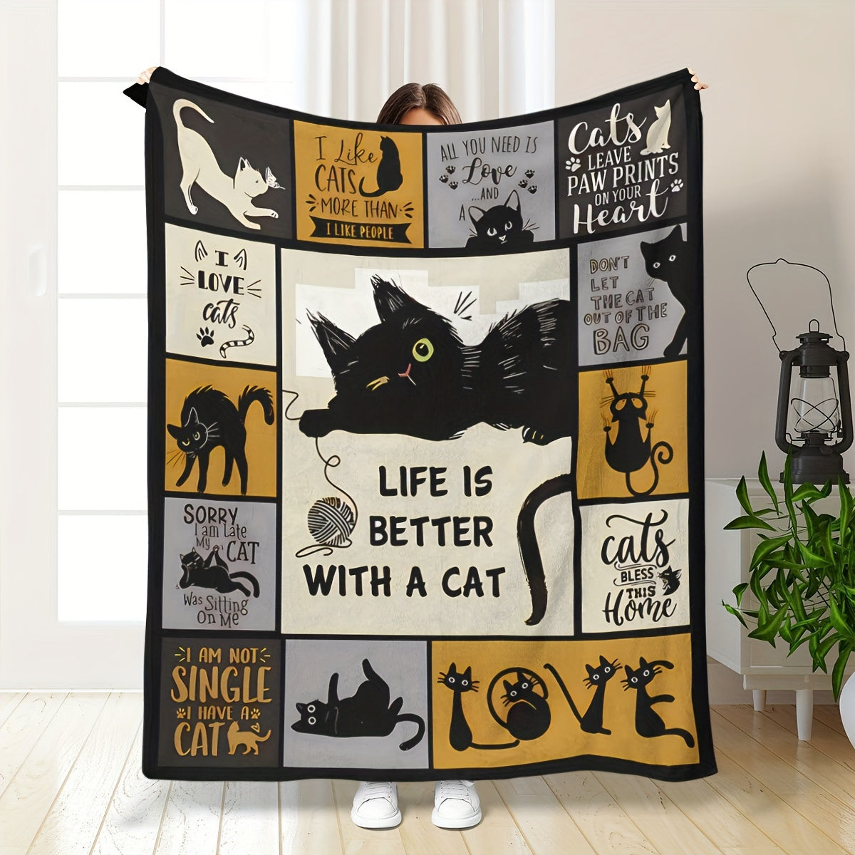 Charming Cat-Lovers' Throw Blanket - Cozy Flannel with Whimsical Digital Print, Hypoallergenic & All-Season Use - Ideal for Sofa, Napping, Air Conditioning, Camping - Perfect Gift for Cat Enthusiasts