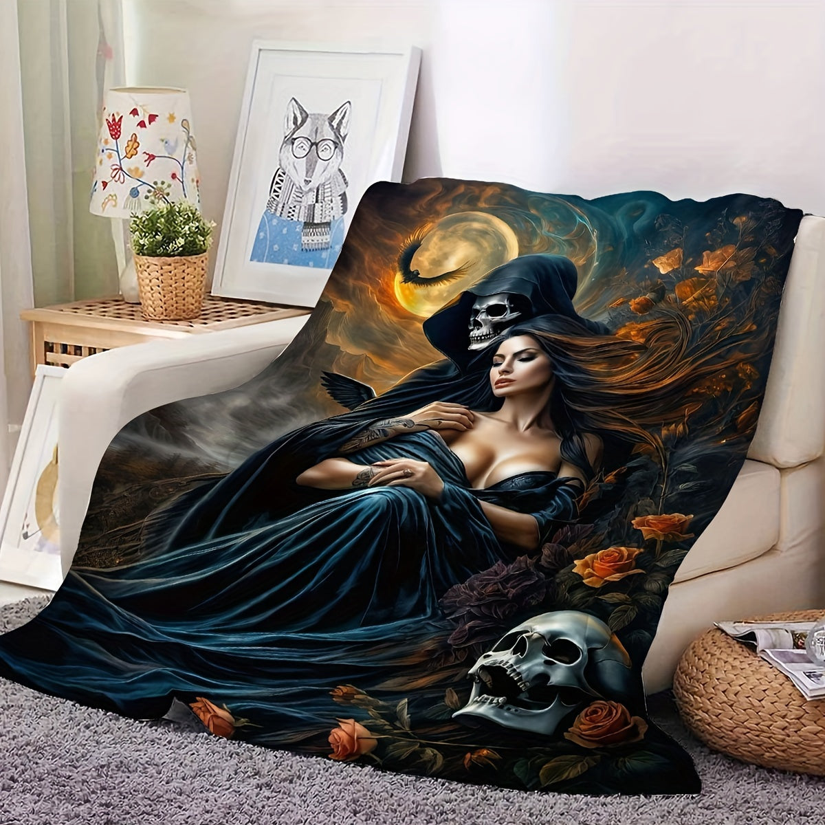 Stay cozy and stylish with our Glam Style Reversible Knitted Polyester Throw Blanket featuring a fantasy theme print. This all-season blanket showcases a Devil and Beauty embrace design accented with moonlight and roses embellishments. Made from soft