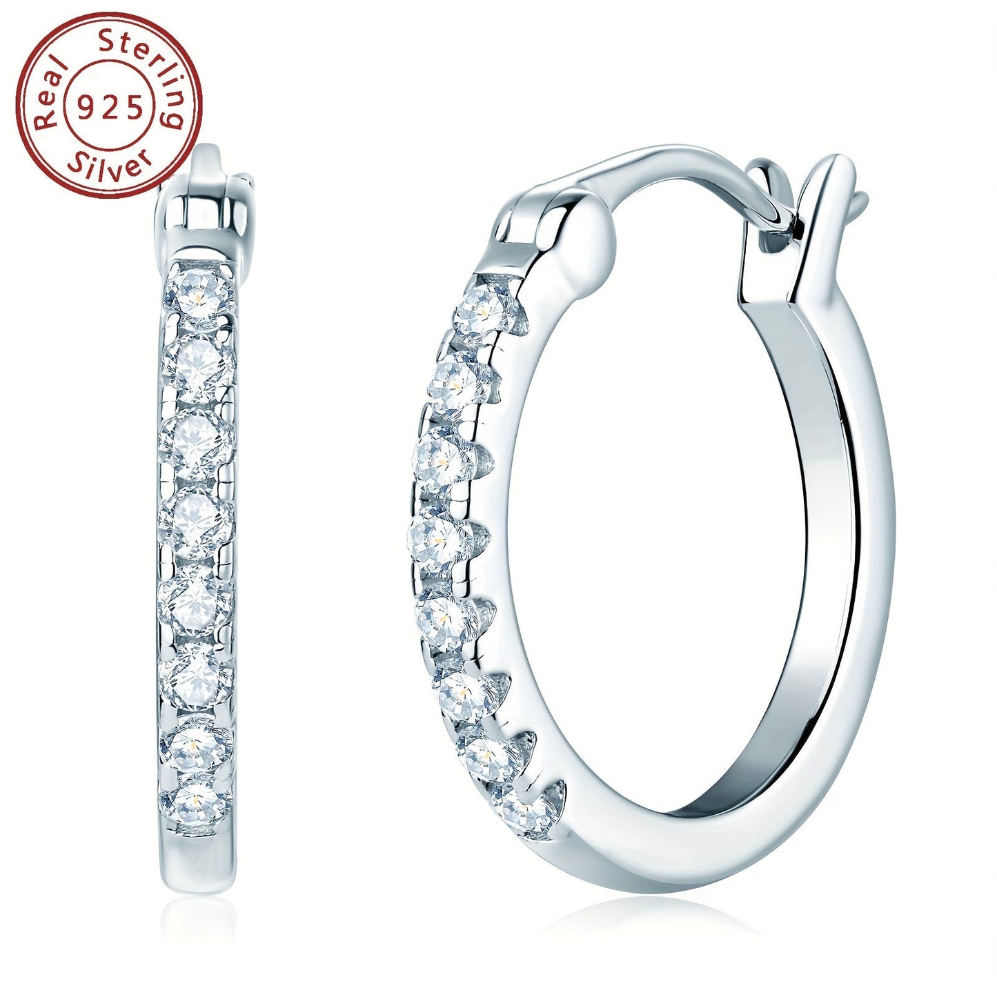 These elegant earrings are crafted from 925 sterling silver and feature a pair of round Moissanite stones. Each earring weighs approximately 3.94g and is adorned with 16 pieces of 1.8mm Moissanite stones, totaling 0.4 carats per pair. Perfect for adding