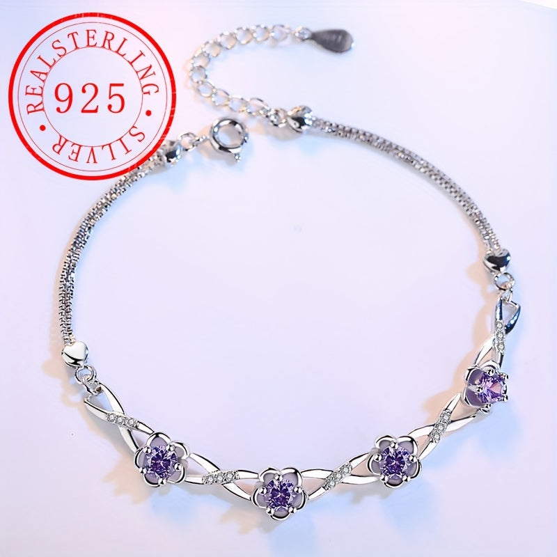 This bracelet is made of high-quality S925 silver, featuring a beautiful peach blossom design with plum blossom decoration and purple zirconia. It is perfect for everyday wear or as a thoughtful gift, weighing 5.2g/0.18oz.