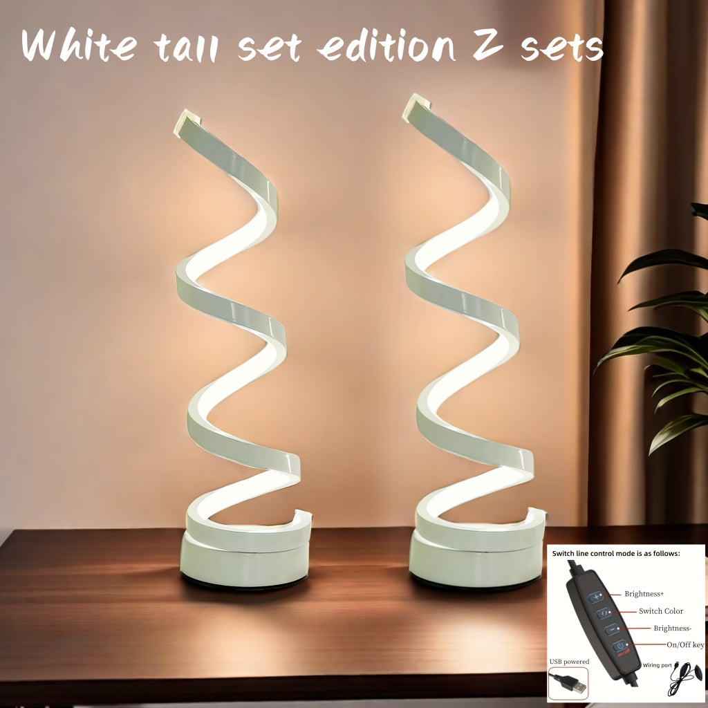 Modern spiral table lamp with adjustable lighting, USB power, ideal for bedroom, study, living room, or gifting.