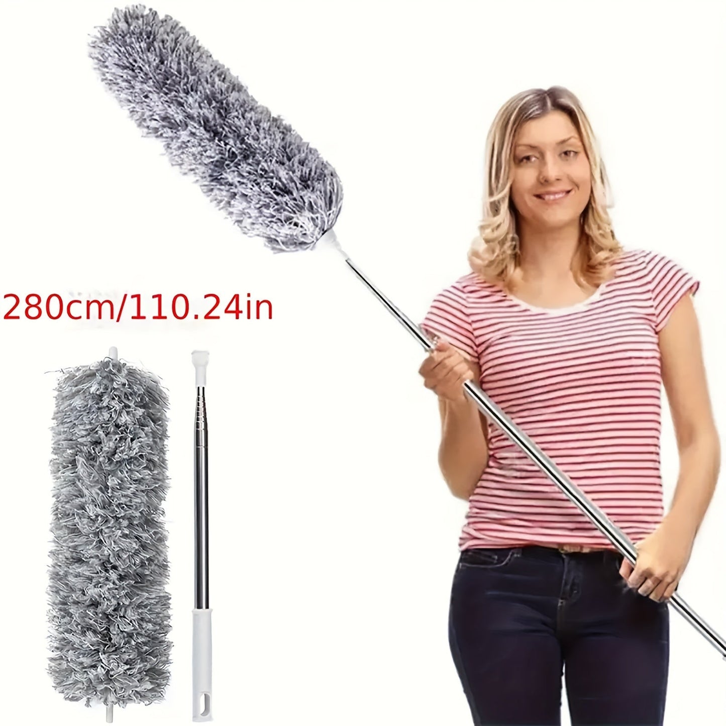 1 set of electrostatic dusters with extension pole, includes a retractable dust removal brush and a flexible dusting brush. These reusable and washable dusters are perfect for cleaning high ceilings, furniture, cars, and other surfaces. A must-have