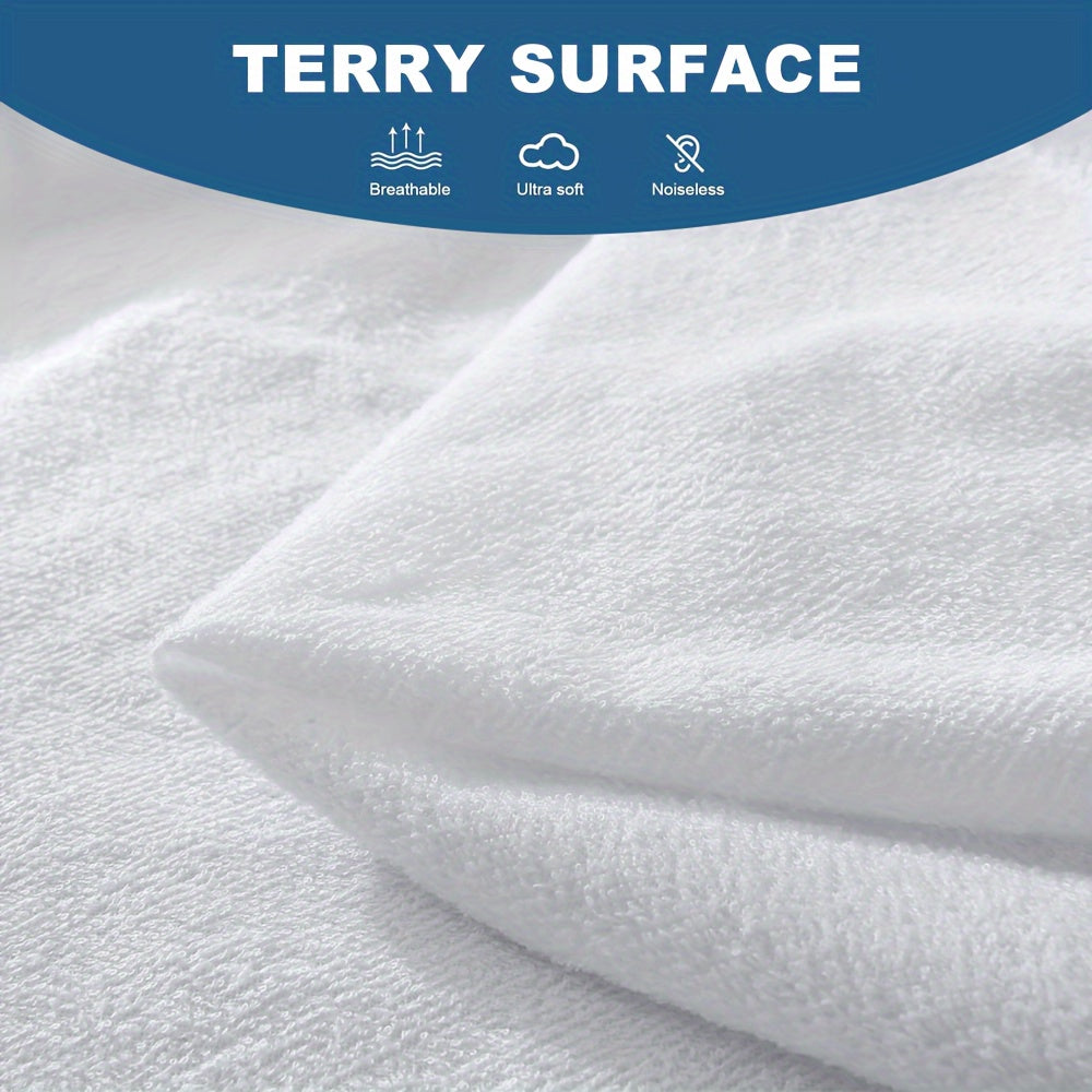 Protect your mattress with the 1pc Ultra-Soft and Breathable Microfiber Terry Mattress Protector. It features a 100% Waterproof and Noiseless TPU Layer, a Knit Fitted Sheet with Deep Pockets, and is Easy Care and Machine Washable. Perfect for Hotel and