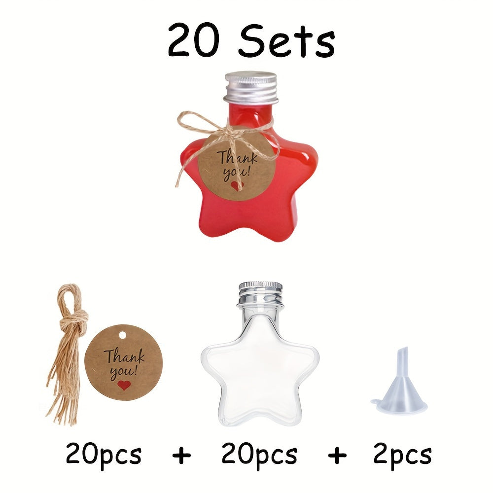 A set of 10/20/30 star-shaped mini wine bottles with 1.7oz capacity, includes 2 funnels, 20 thank-you labels with ropes. Perfect for Christmas parties, birthdays, weddings, and other events. Can be used for wine, juice, alcohol, or homemade wine.