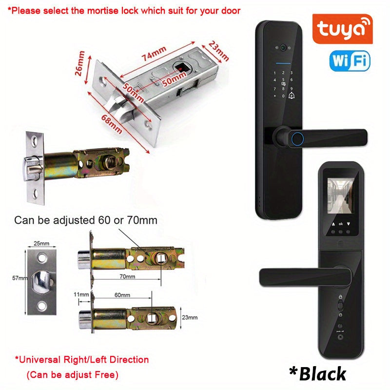 Smart door lock with biometric camera, fingerprint, smart card, password, and key unlock.