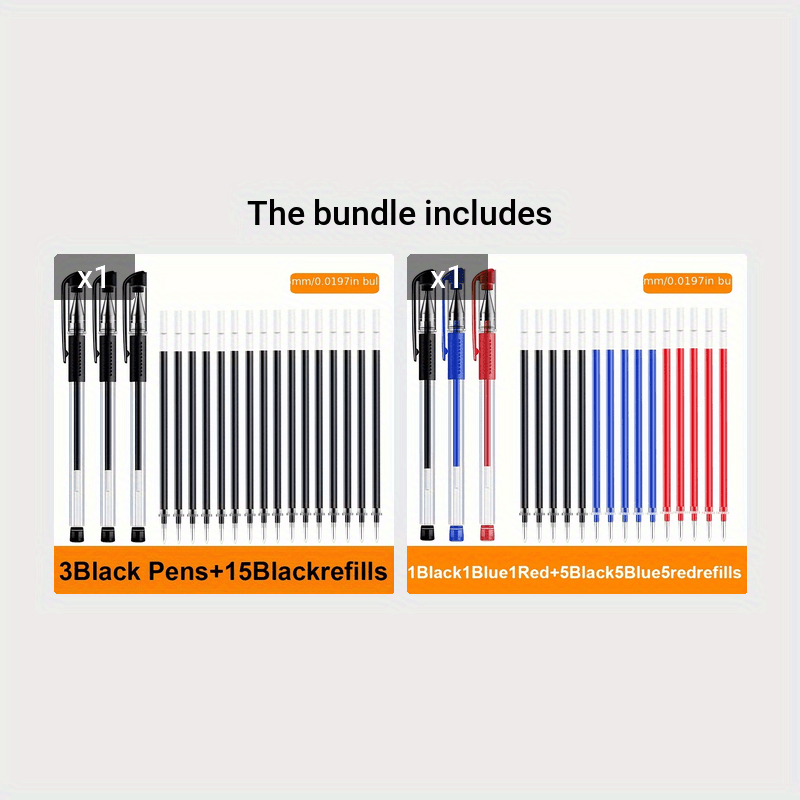 18-piece gel pen set in black, blue, and red ink colors, perfect for school or office use.