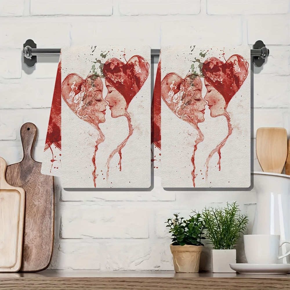 Two pieces of ultra soft kitchen towels featuring a Valentine's Day love stamp design. These highly absorbent and machine washable dish hand towels showcase a contemporary red and white splatter art pattern. Each towel measures 40.64x60.96 cm.