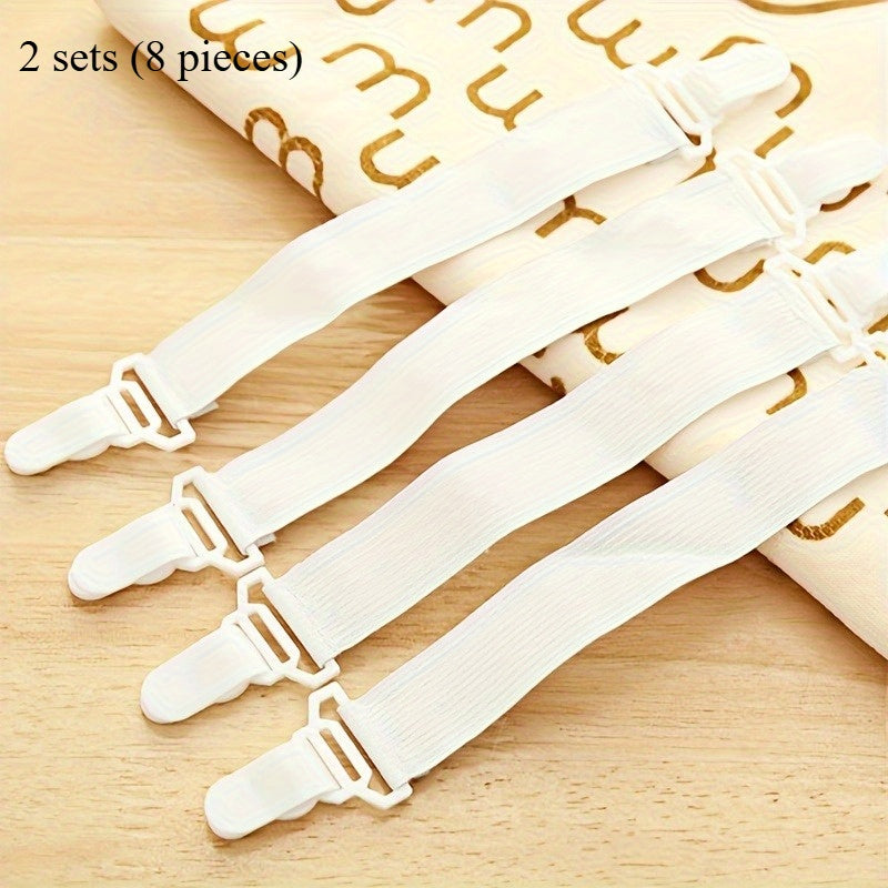 Set of 4 White Elastic Sheet Straps with Clips, Recommended for Hand Washing, Reliable Woven Fasteners for a Snug Fit