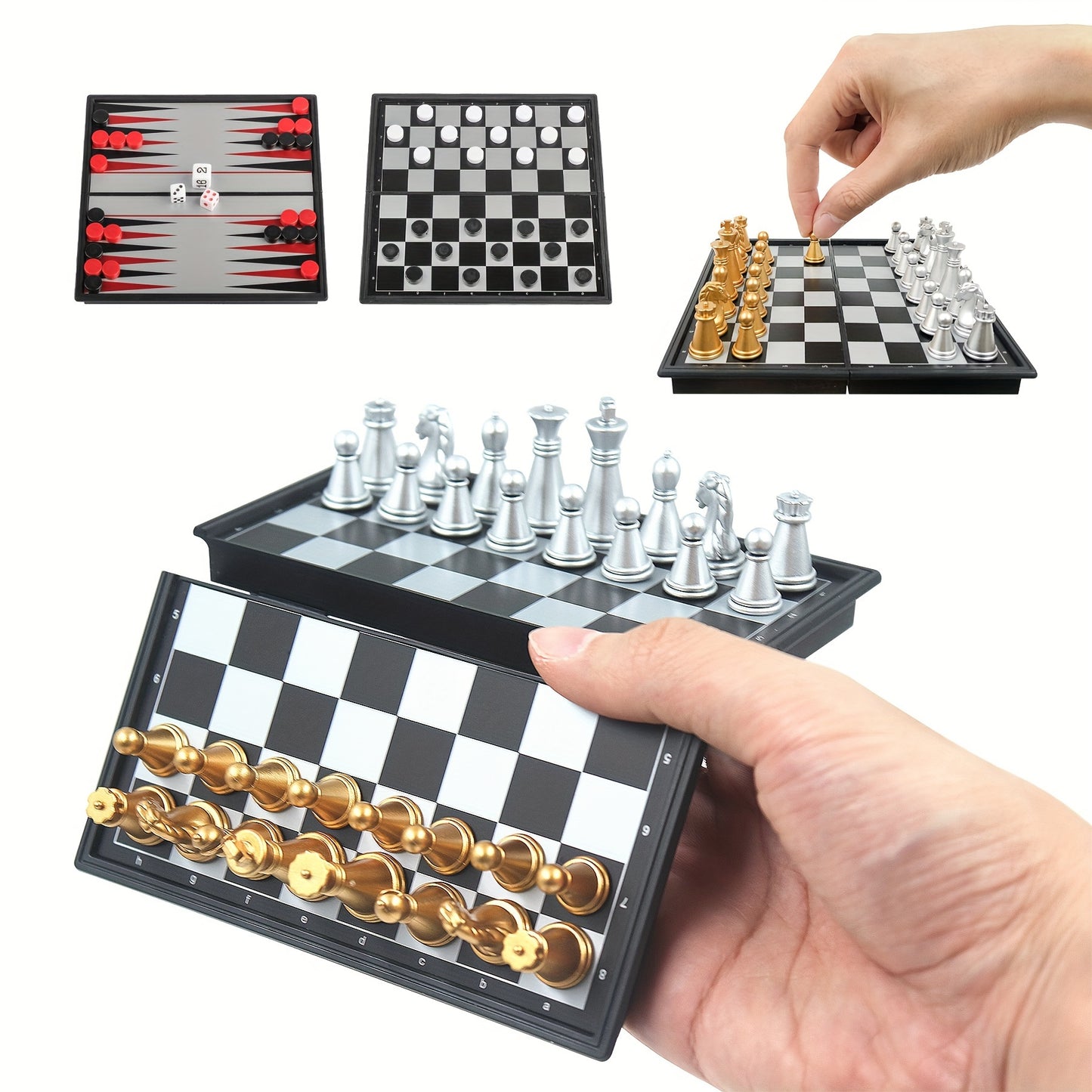 Mini Magnetic Chess Board Games and Classic Backgammon Set, Small Portable Folding Travel Set with 12.7cm Magnetic Chess.