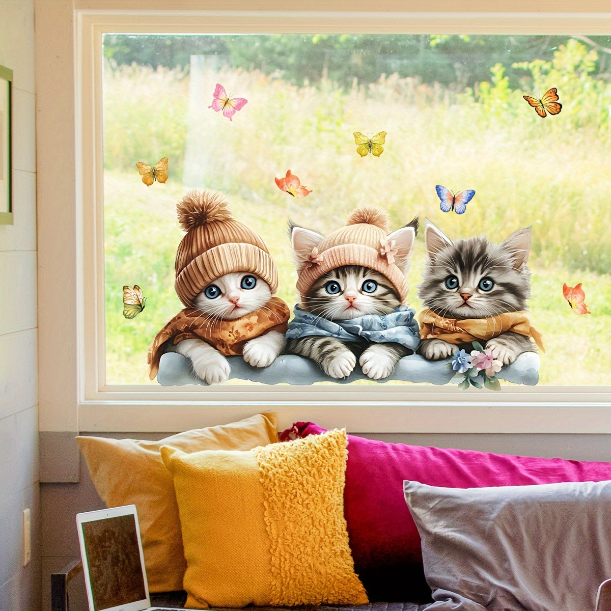 Cute Winter Cat & Butterfly Electrostatic Window Clings - Reusable, Double-Sided Glass Stickers for Home Decor