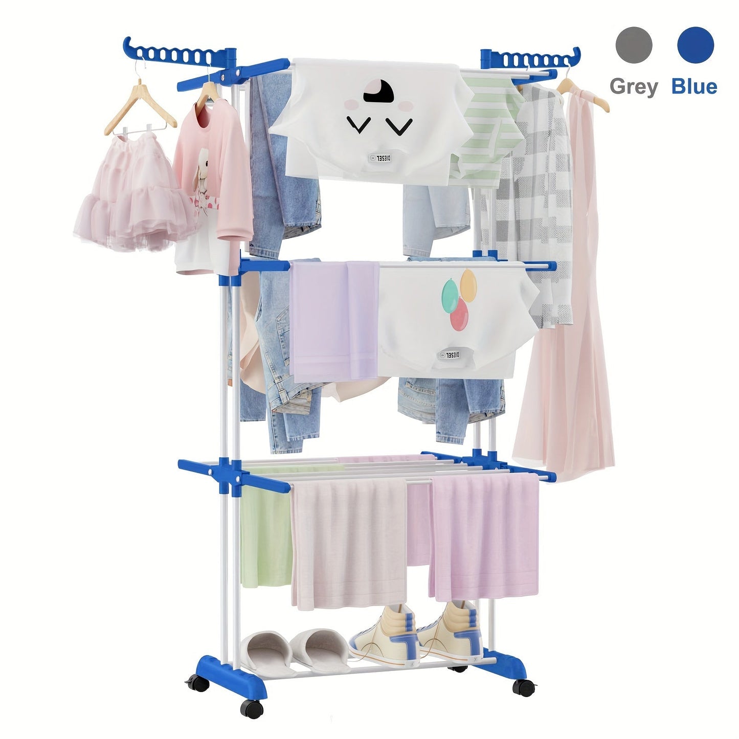 Floor Standing Drying Rack with Movable Telescopic 3-Layer Towel Rack, Multi-Functional Household Balcony/Outdoor Folding Clothes Drying Rack (Roller Type)