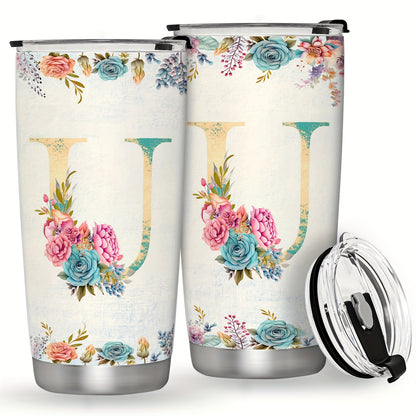 20oz Stainless Steel Tumbler with Initial Monogram, Floral Design, Leak Proof Lid, Perfect for Outdoor Activities, Great Gift for Holidays.