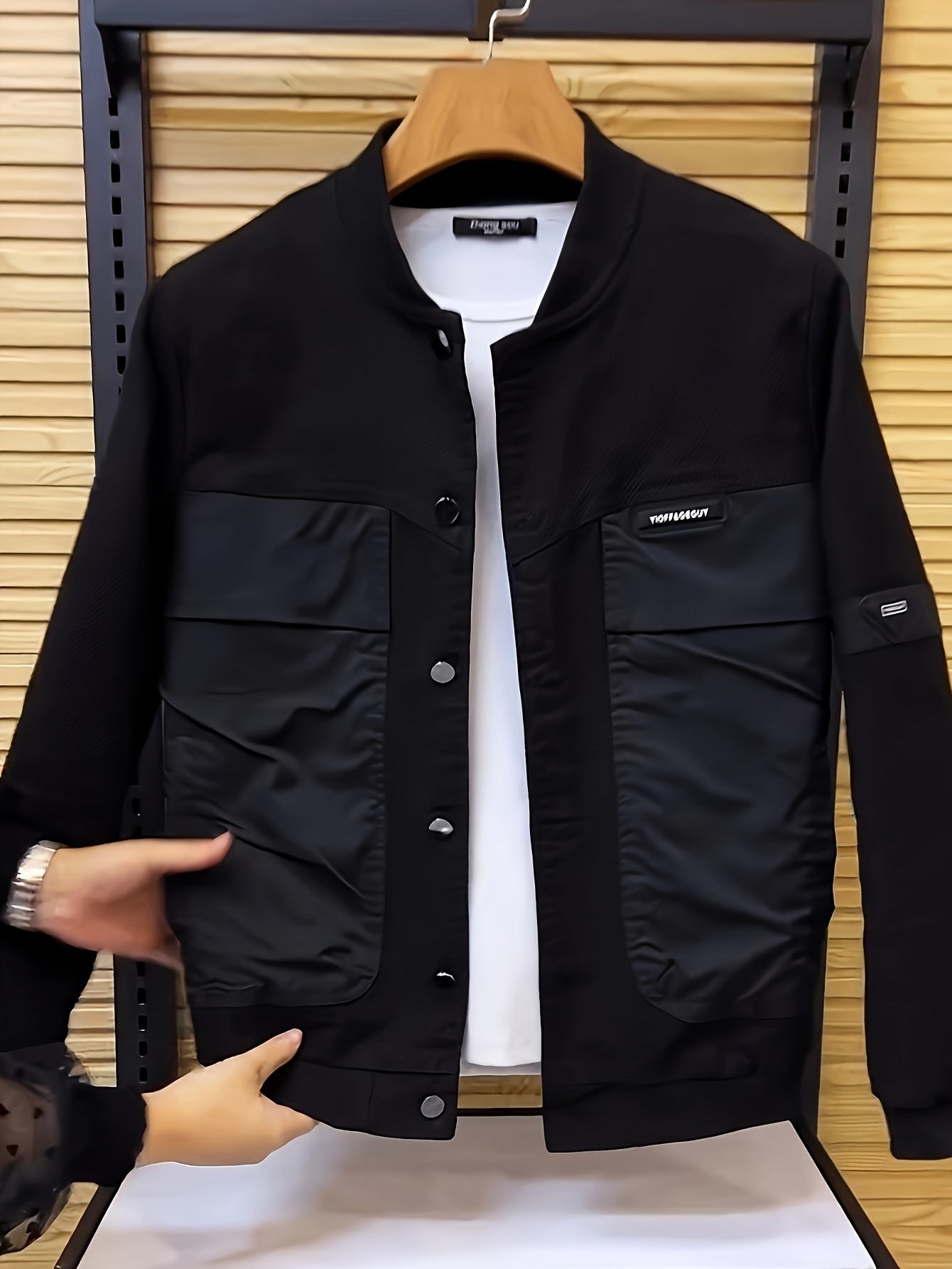 Men's casual windbreaker jacket with solid color design, baseball collar, and pockets, suitable for spring/fall outdoor activities.