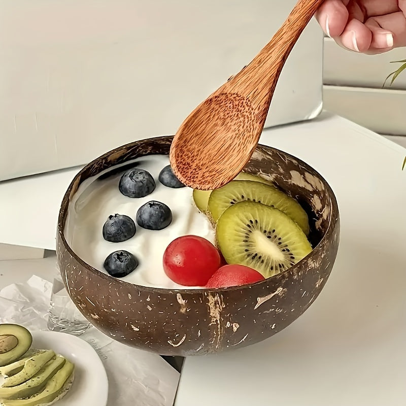 Natural coconut bowl for salads, smoothies, oatmeal, fruit yogurt. Rust-resistant, unique shape kitchen accessory.