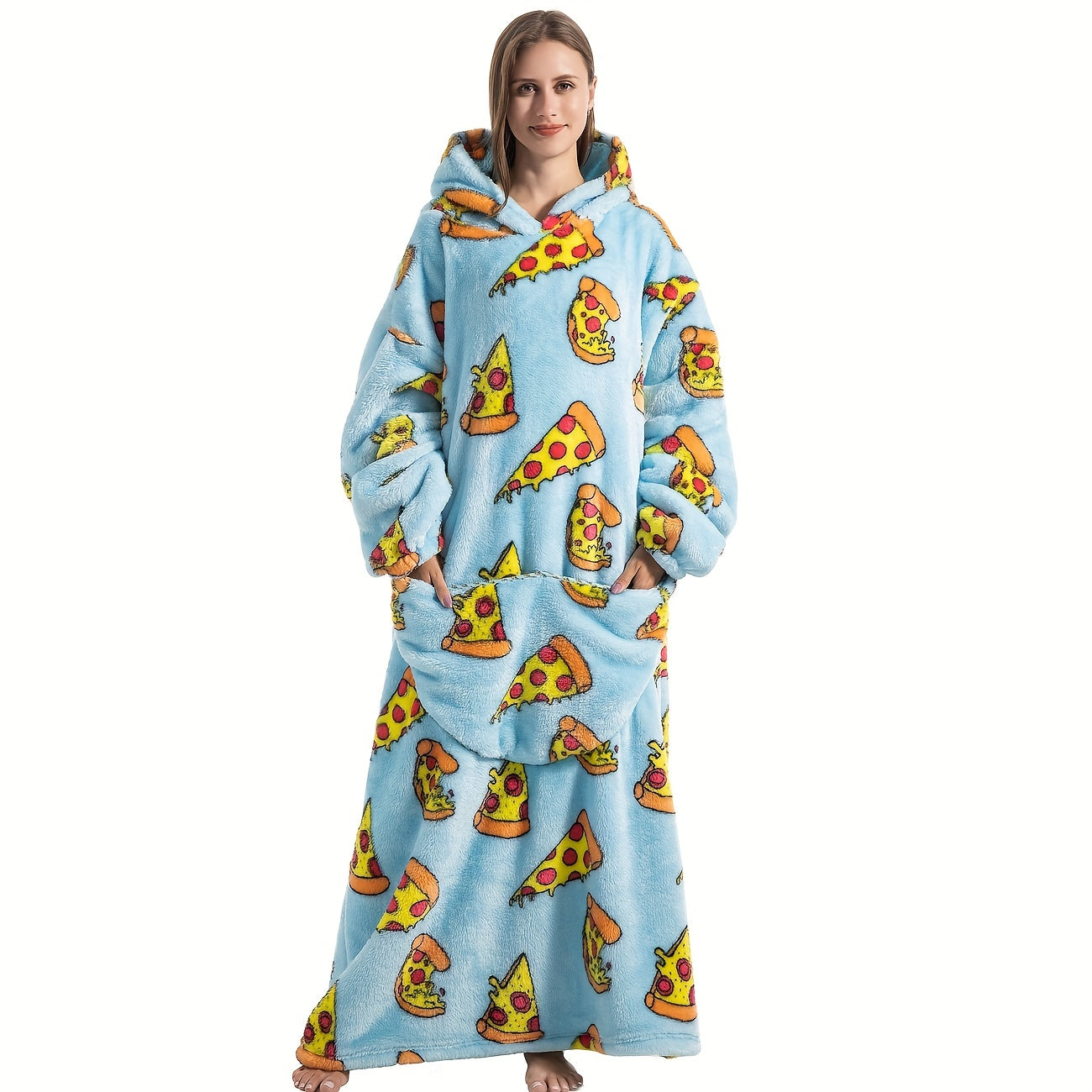 Stay warm and stylish in our oversized hoodie wearable blanket featuring a fun pepperoni pizza print. Made from super soft, warm polyester, this adult robe comes with a large front pocket for your convenience. Perfect for both men and women, this