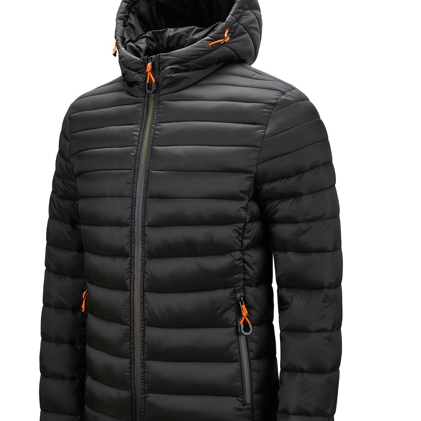 Men's winter hooded jacket with green and orange zipper pockets, made of a warm nylon-polyester blend. Features a full-zip design, ribbed cuff sleeves, and quilted insulation for casual