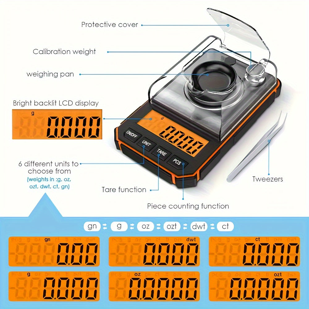 Точная мини-карманная ювелирная весы 0,001 г для золота, драгоценных камней и измерения каратов. Изготовлены из пластика с многофункциональным дисплеем, калибровочными грузами и пинцетом. Требуются 2 батарейки AAA (не включены). Безопасно для продуктов.