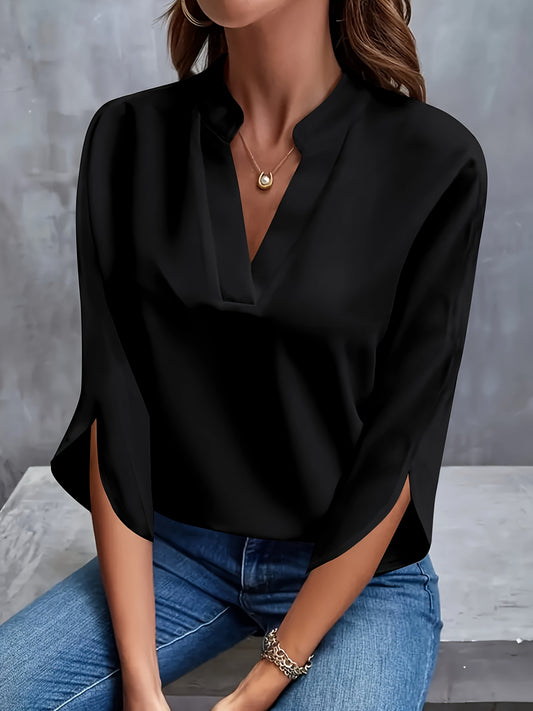 Solid color notch neck blouse with casual 3/4 split sleeves for spring and summer.