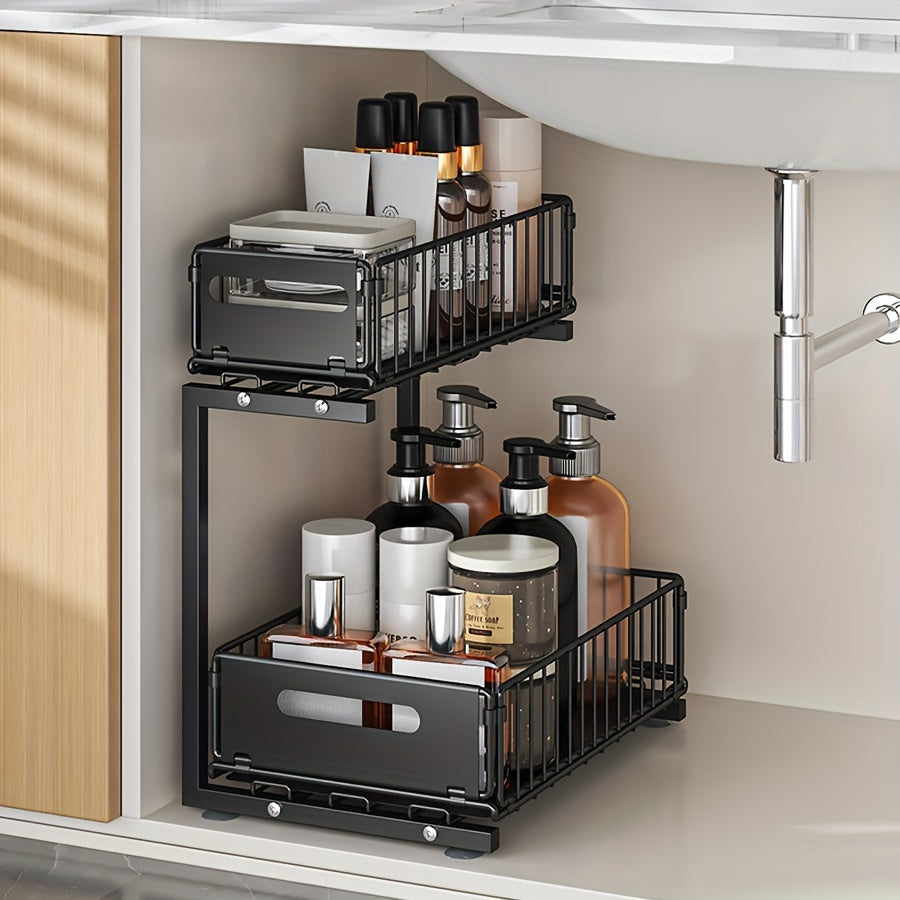 Black 2-tier metal under sink organizer for kitchen/bathroom, pull-out cabinet storage, slide out shelf - 1 piece.