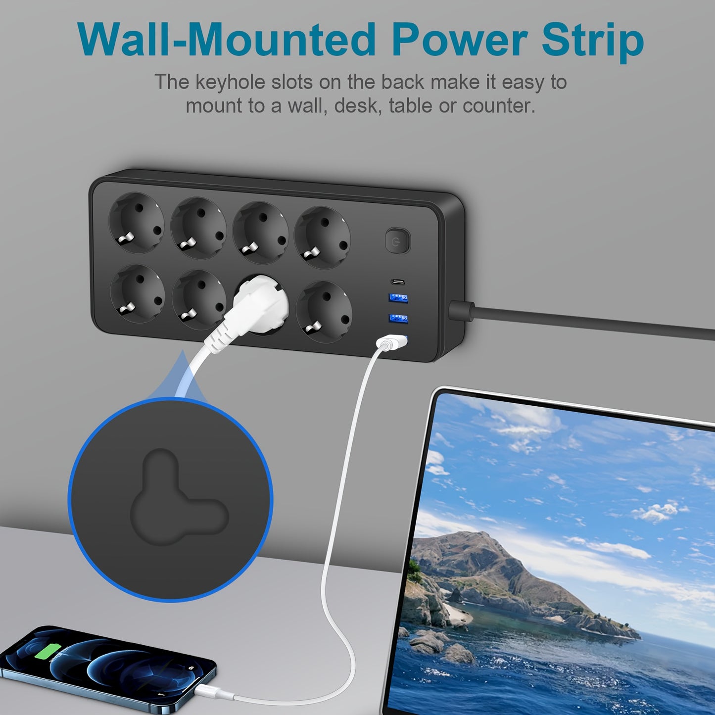 1pc Surge Protector Power Strip with 6 AC Outlets, 3 USB Ports (1 USB-C), and 182.88cm Extension Cord. Wall-mountable and suitable for Home Office Dorm Essentials.