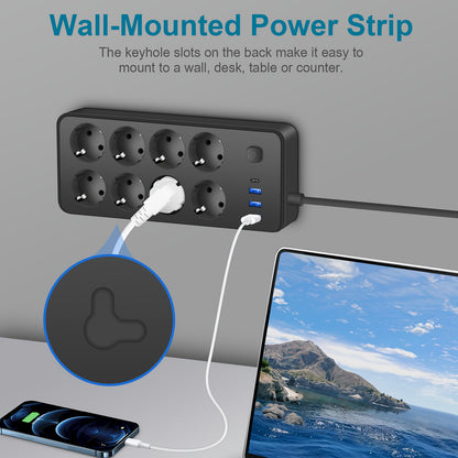 1pc Surge Protector Power Strip with 6 AC Outlets, 3 USB Ports (1 USB-C), and 182.88cm Extension Cord. Wall-mountable and suitable for Home Office Dorm Essentials.