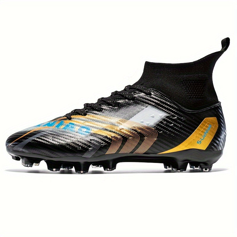 Kids' high-top soccer cleats featuring long studs, anti-slip design, breathable PU upper, TPU sole, and lace-up closure for all sports seasons.