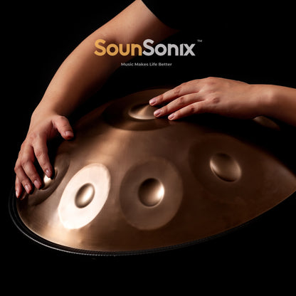 SounSonix Handpan - D Minor, 10 Notes, Handcrafted Steel Drum Set with Bag and Stand