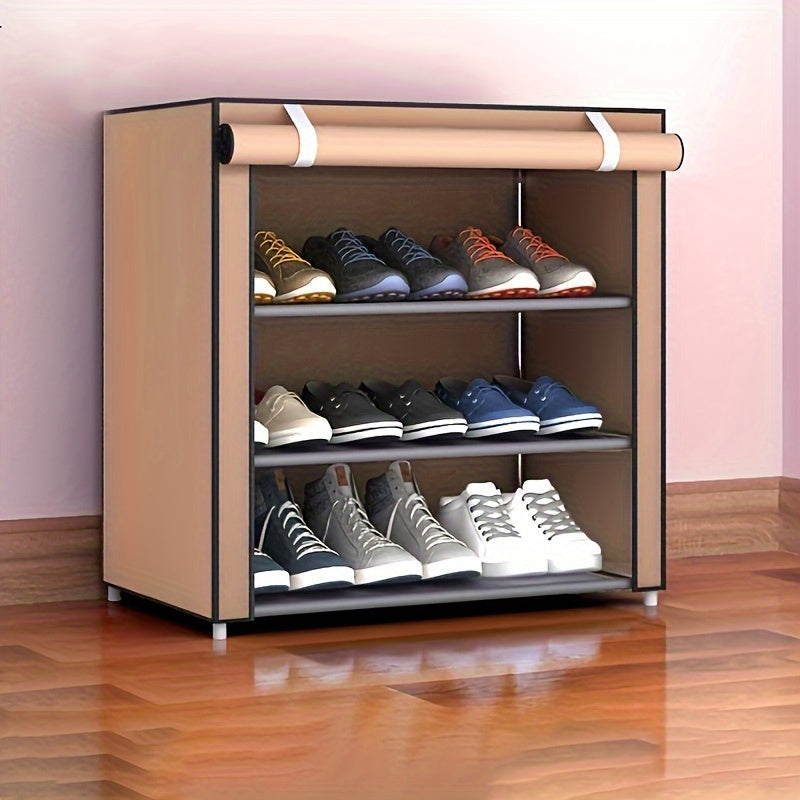 Multi-layer outdoor storage cabinet with zipper, shoe cabinet and rack assembly. This dust-proof, stainless steel shoe cabinet has multiple layers for storage. Simple and efficient shoe storage solution.