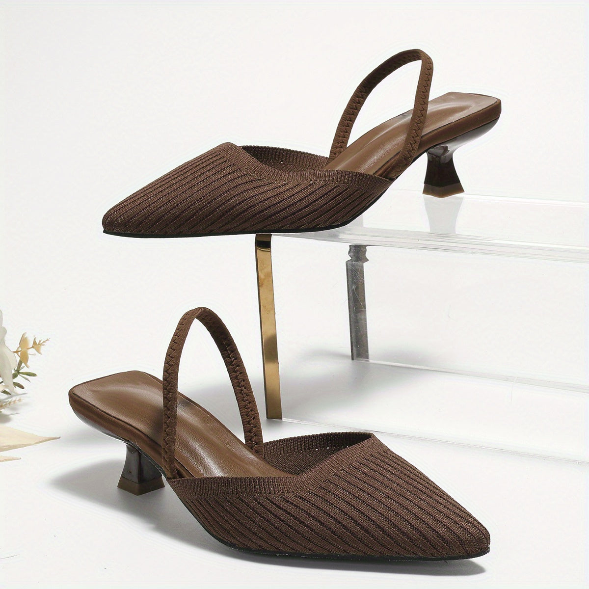 Solid color knit mules for women with flared heel and slingback style, featuring a trendy point toe design for comfort.