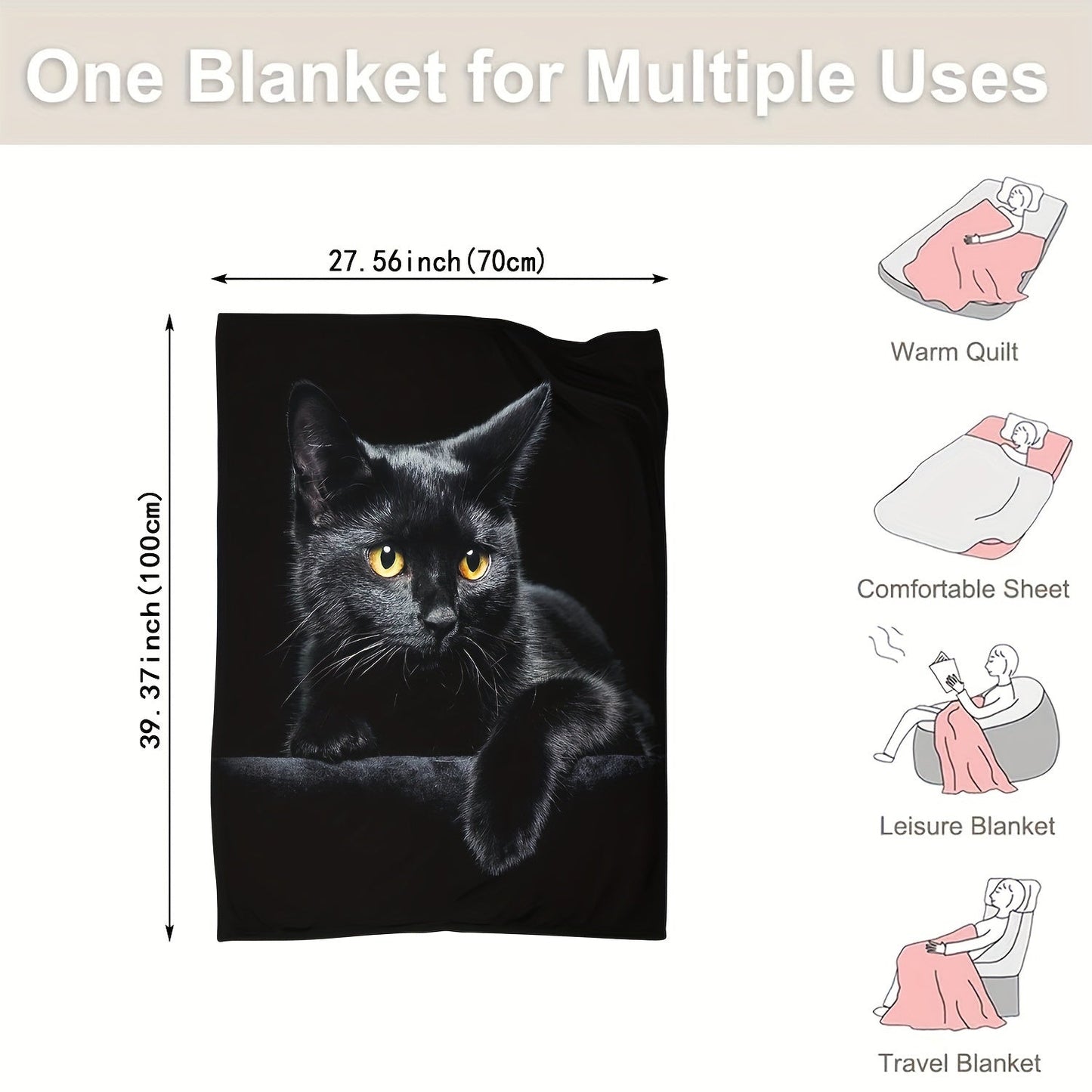 Soft, ultra-black cat print flannel throw blanket - great for couch, bed, car, office, or camping - a versatile and practical gift for all seasons.