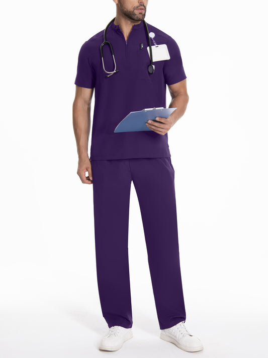 Polyester workwear uniform set for men with a conservative style. Features solid color, woven fabric, small stand collar, regular fit with pockets and belt loops.