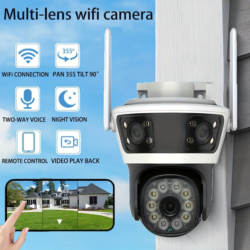 Outdoor Surveillance Camera with Smart WiFi Technology, Multi-Lens Design, Convenient Smartphone Control, Night Vision Capabilities, and Two-Way Audio - Ideal for Enhancing Home Security (SD Card Sold Separately)