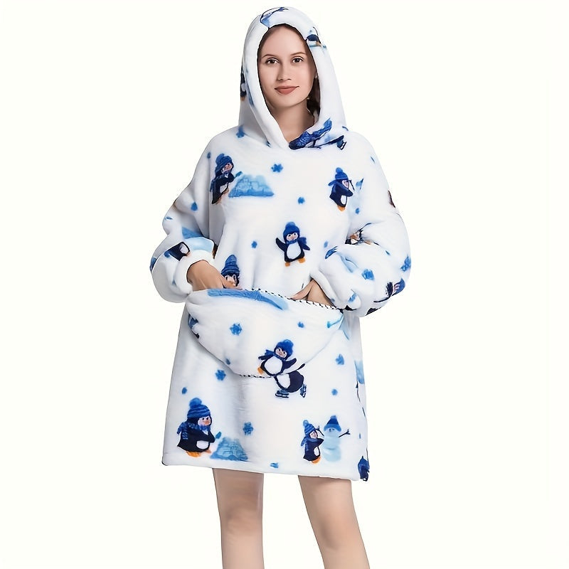 Animal-Themed Cozy Fleece Hooded Wearable Blanket - Reversible, Hand-Wash Only - Ideal for Outdoor Adventures and Home Relaxation