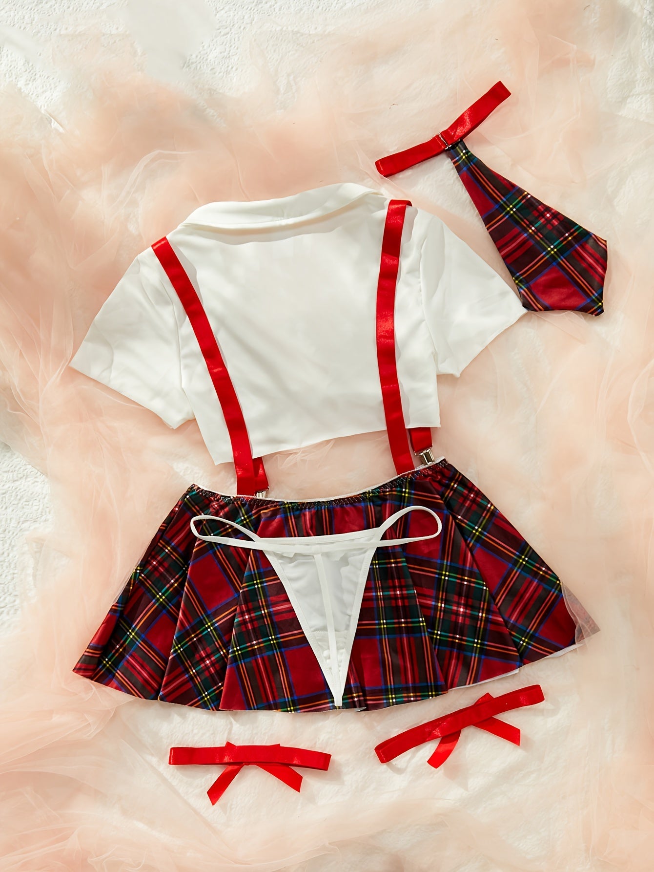 Women's sexy college role-playing costume set includes short skirt, thong, top, bow tie, and leg ring