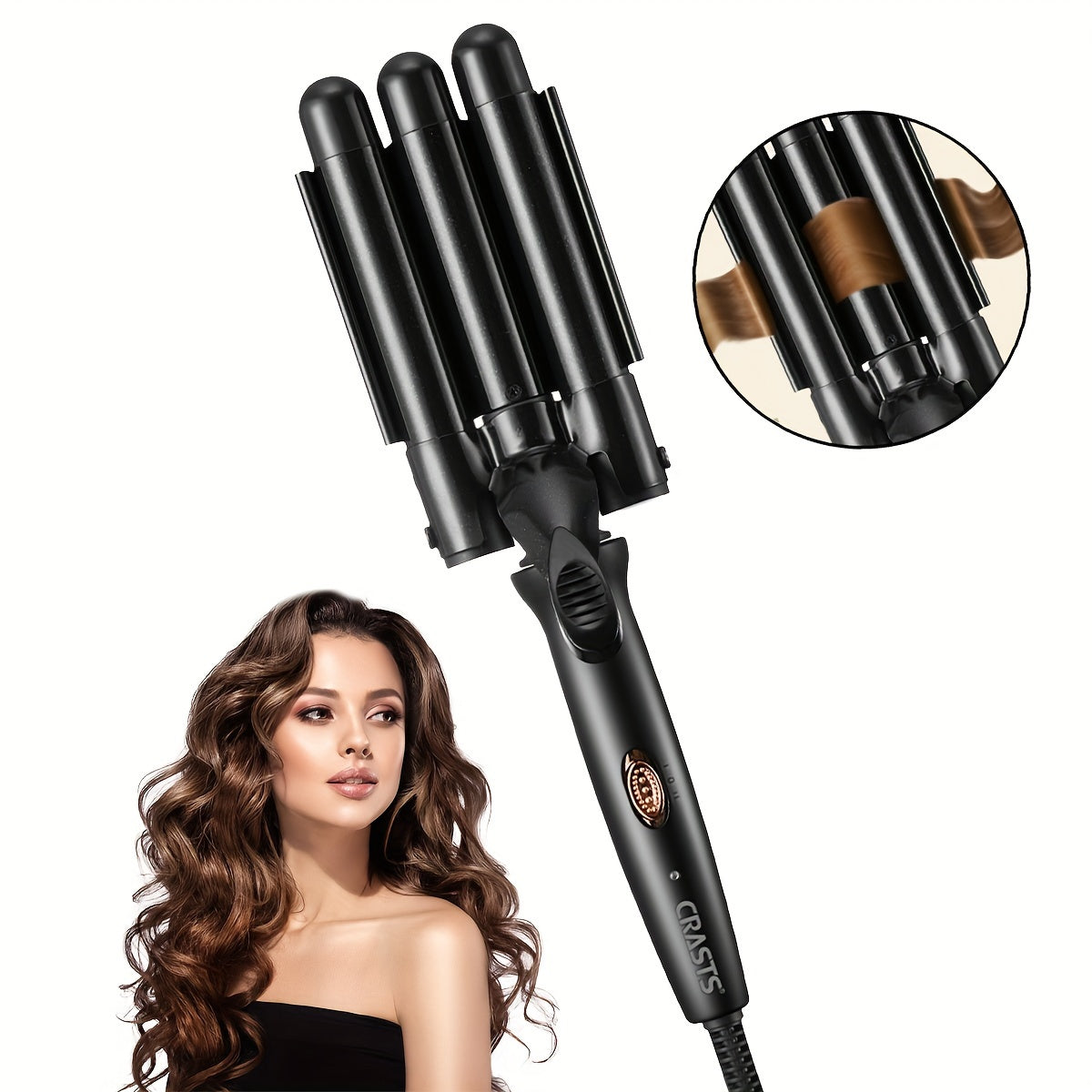 Three-barrel curling iron with temperature control for big waves and curls, creates water wave texture, black electric curler.