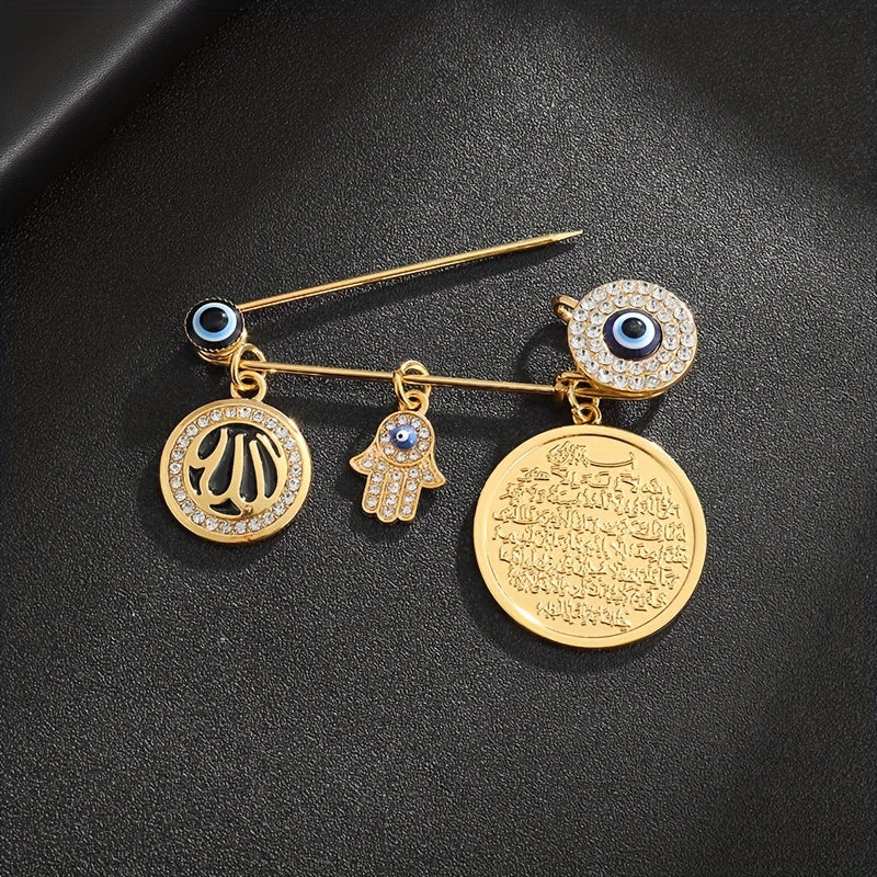 Alloy Fatima Hand Brooch with Lucky Blue Evil Eye - Unique Islamic Amulet Jewelry Present