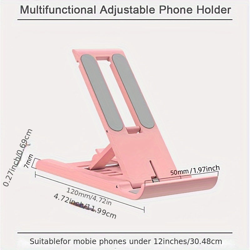 Adjustable foldable phone stand made of multi-functional ABS material, suitable for bedside table or tabletop use with smartphones, tablets, and live streaming support. Not waterproof.