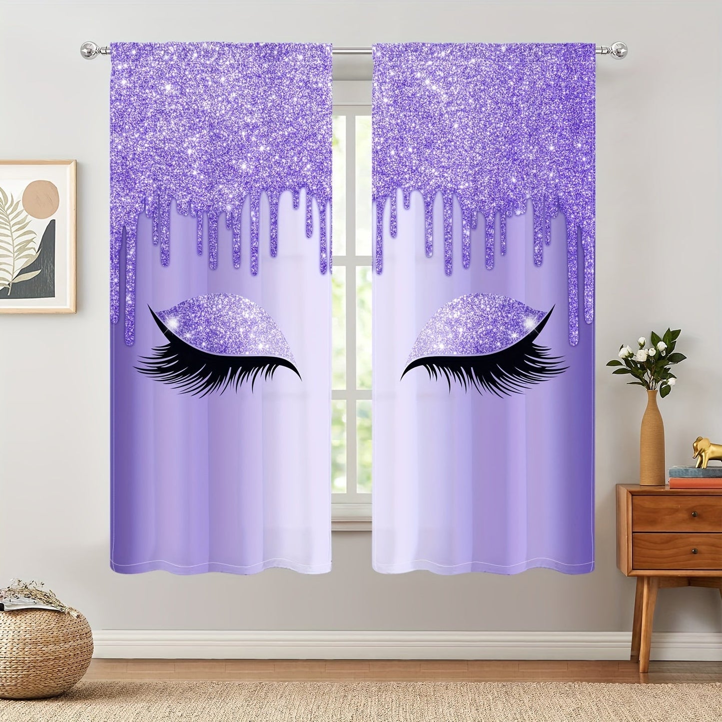 Set of two Eyelash Printed Curtains, Rod Pocket Window Treatments ideal for Bedroom, Office, Kitchen, Living Room, Study, and Home Decor. Enhance your room with stylish and aesthetic decorative curtains.