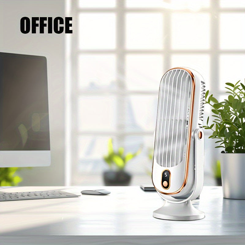 The 1pc Portable Mini Tower Fan is equipped with 5 speed settings, a rechargeable 1200mAh lithium battery, and USB charged wireless operation. Ideal for both indoor and outdoor use, this plastic table fan features a cord and button control for personal