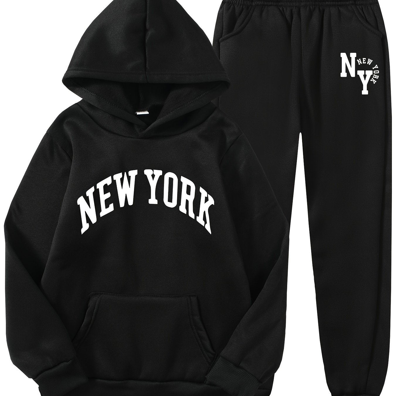 New York letter print hoodie and sweatpants set for kids. Made of casual polyester knit fabric with pockets. Slight stretch and regular fit for boys, girls, teens, and children. Ideal for