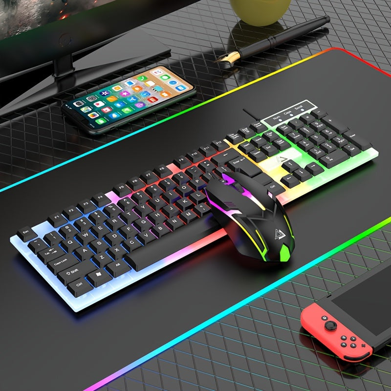 GT100 Luminous Gaming Keyboard & Mouse Combo with 104 Keys, Colorful LED Backlight, PC & USB Compatible, Black & White Design, Ergonomic Gaming Gear, Durable.