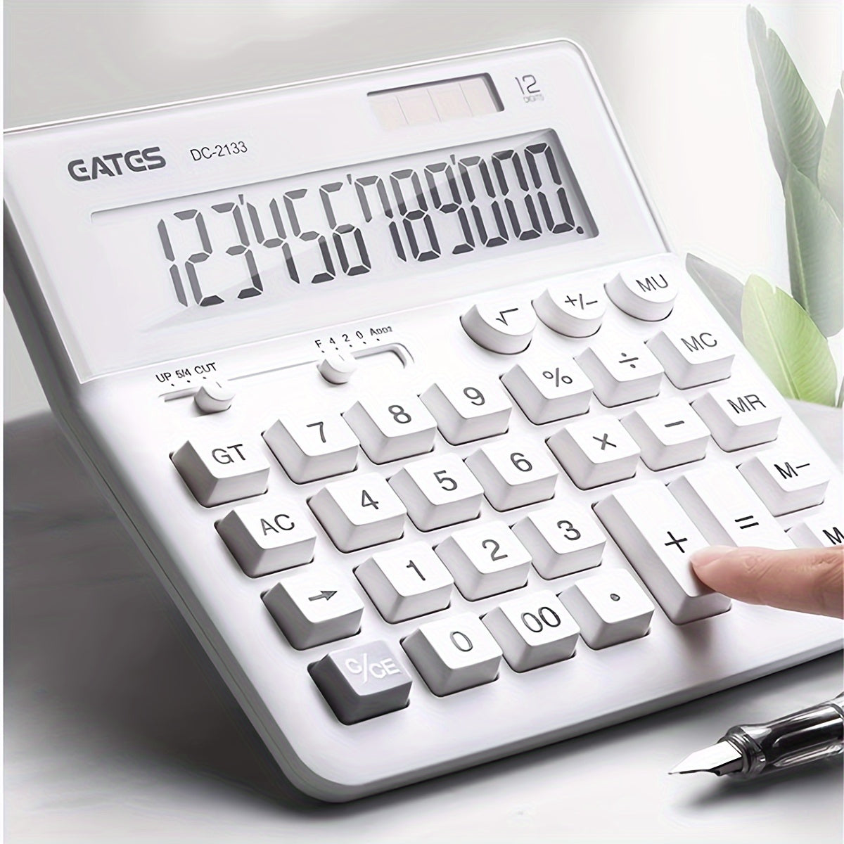 Stylish 12-digit pure white solar calculator for desktops, suitable for business use.