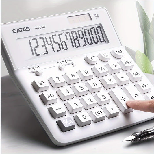 Stylish 12-digit pure white solar calculator for desktops, suitable for business use.